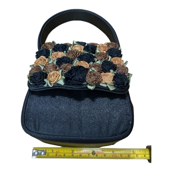 Julie Feldman Black Satin w/ Orange Rose Black Ribbon Rosettes Evening Handbag - Picture 8 of 10
